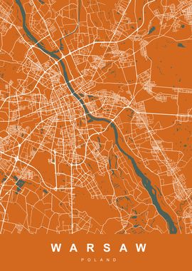 Warsaw Map Poland Orange