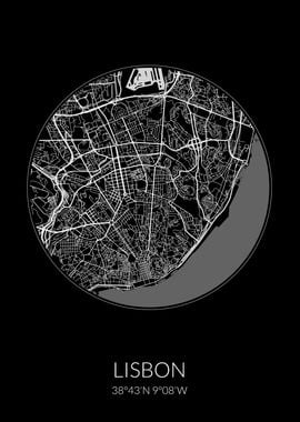 Lisbon City Map Black