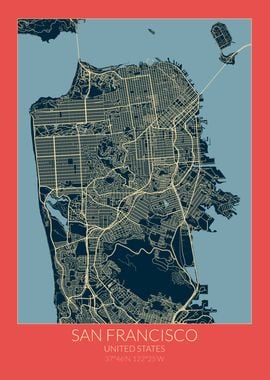 San Francisco Map Red Blue