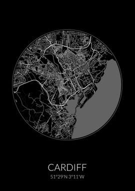 Cardiff City Map Black