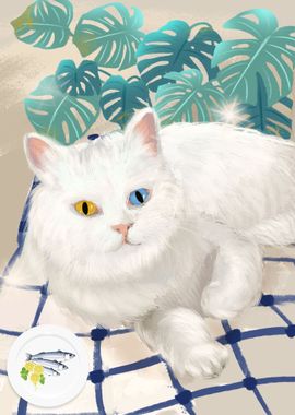 White Cat with Fish