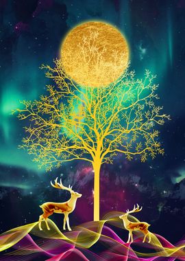 Golden Deer with Aurora