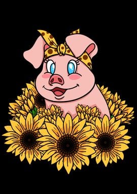 Cute Piggy With Sunflowers