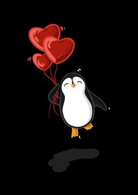 Penguin on heart balloons