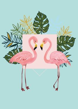 Flamingo Birds with leaves