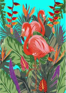 Flamingo Birds with leaves