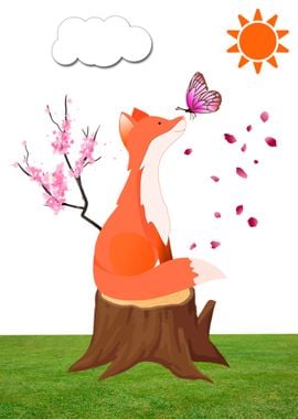 Fox Animal with Butterfly