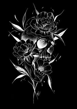 Floral skull bw