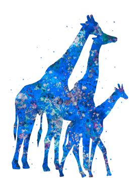 Giraffe family blue art