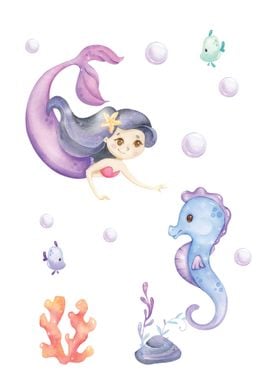 Mermaid and seahorse water