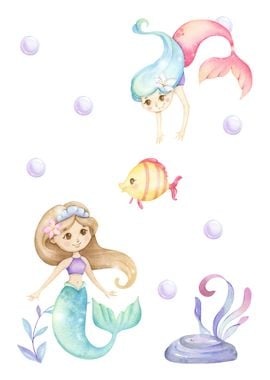 Two mermaids watercolor