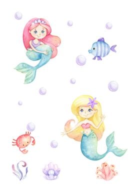 Two mermaids and a crab