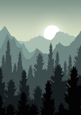 Sunset by Mountains Forest