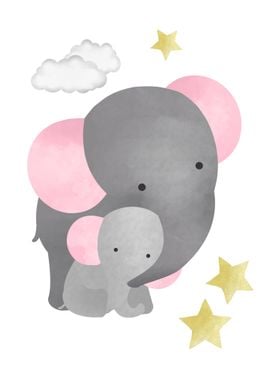 Elephants moon watercolor