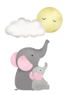 Elephants moon watercolor