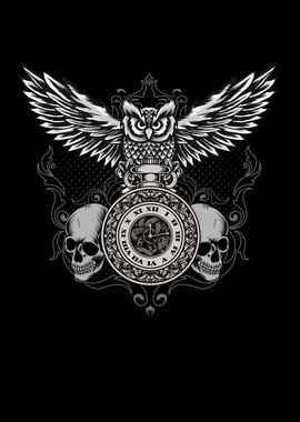 Owl With Clock Skull Time