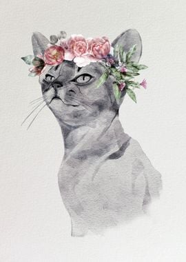 Cat Animal with Flowers