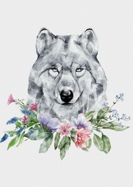 Wolf Animal with Flowers