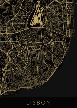 Lisbon Map Black Gold