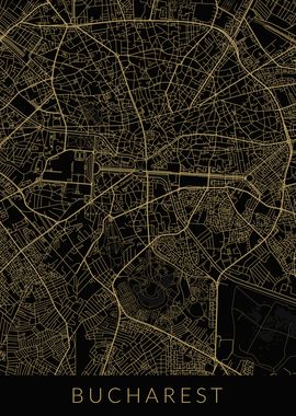 Bucharest Map Black Gold