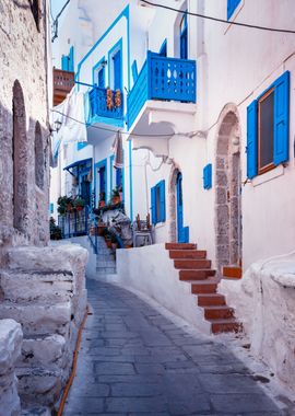 Greek street, blue windows