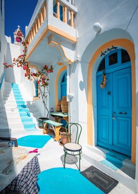 Greek street, blue sky