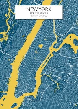 New York Map Blue Yellow