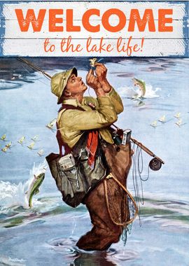 Retro Art Painting Nostalgia Fisherman Fishing Metal Sign Vintage
