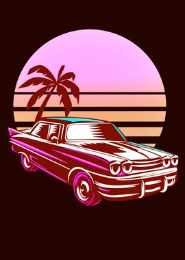 Sun set retro muscle car