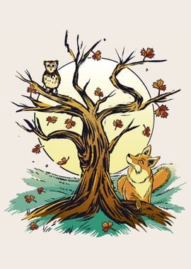 Tree in Forest Owl and Fox