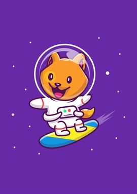 Cute Cat Astronaut Surfing