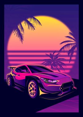 Retro sport car sunset