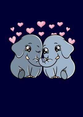 Elephants Couple Hearts