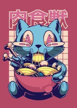 happy cat eating ramen