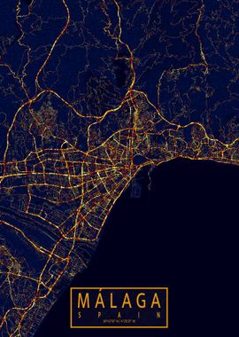 Malaga Map City At Night