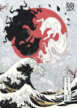 Yin yang wolf great wave