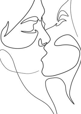 Woman love kiss line art