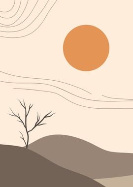 Sun mountain tree lineart