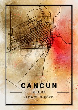 Cancun Ara Watercolor Map