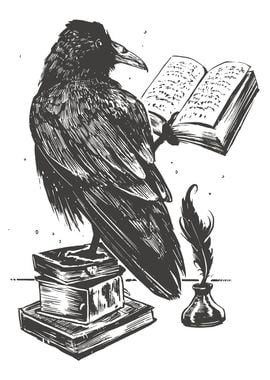 Raven bird reading book