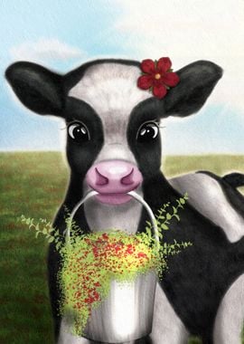 Cow with a flower bucket