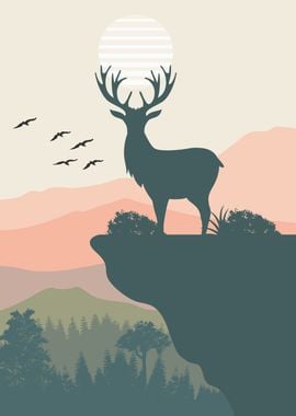 Colorful mountain and deer