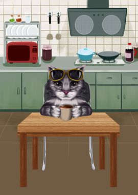 Cat with Coffee in Kitchen