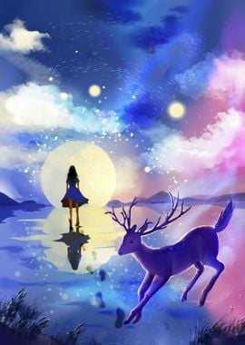 Girl by Sunset with Deer