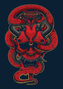 japan oni mask and snake