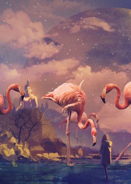 flock of pink flamingos