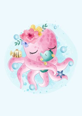 Cute Octopus With Seahorse