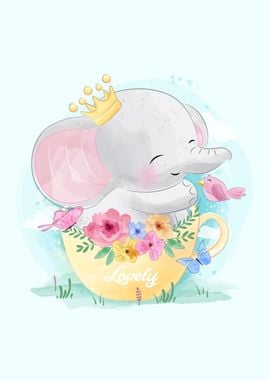 Cute Elephant in Tea Cup