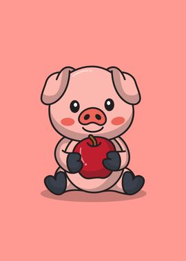 Cute pig with apple