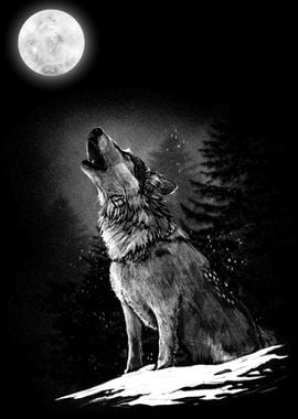 Wolf howling at the Moon